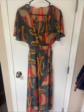 STAR Retro Floral Wrap Dress in Charcoal with Orange & Mustard